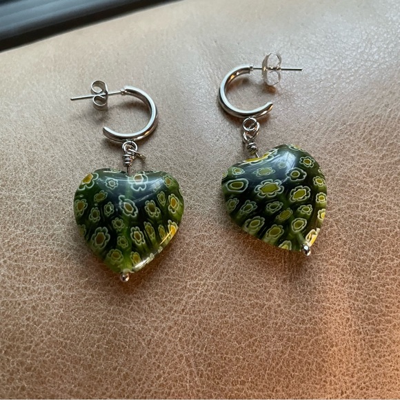 💚 Green heart Italian Millefiori floral earrings green silver - Picture 5 of 8